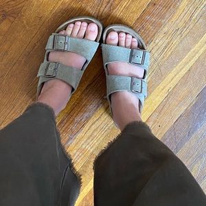 Tan/beige suede 2-strap Arizona Birkenstocks